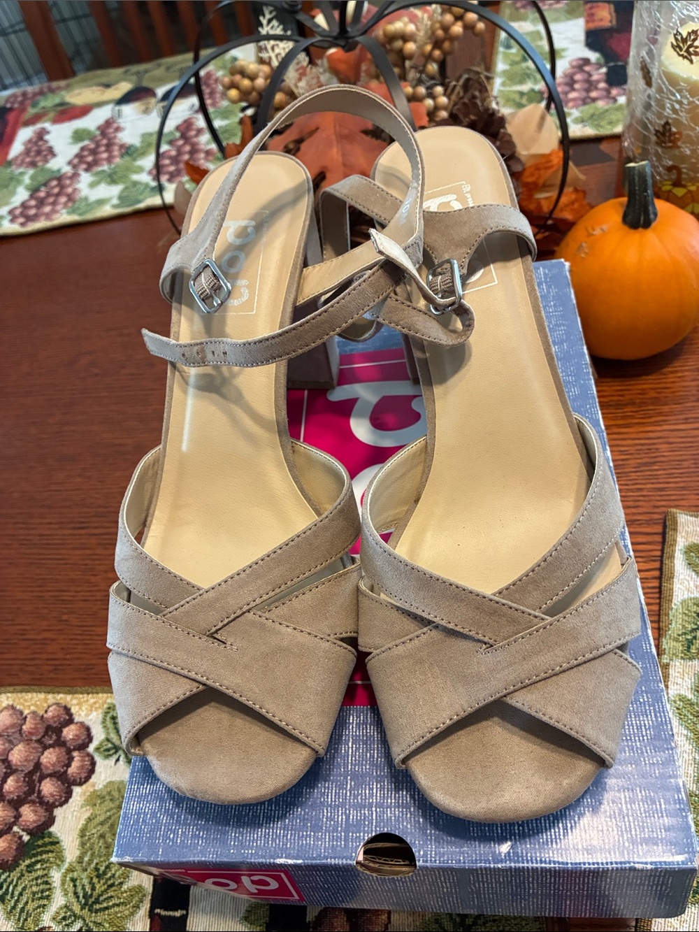 Strappy Taupe Open-Toe Block Heel Sandals